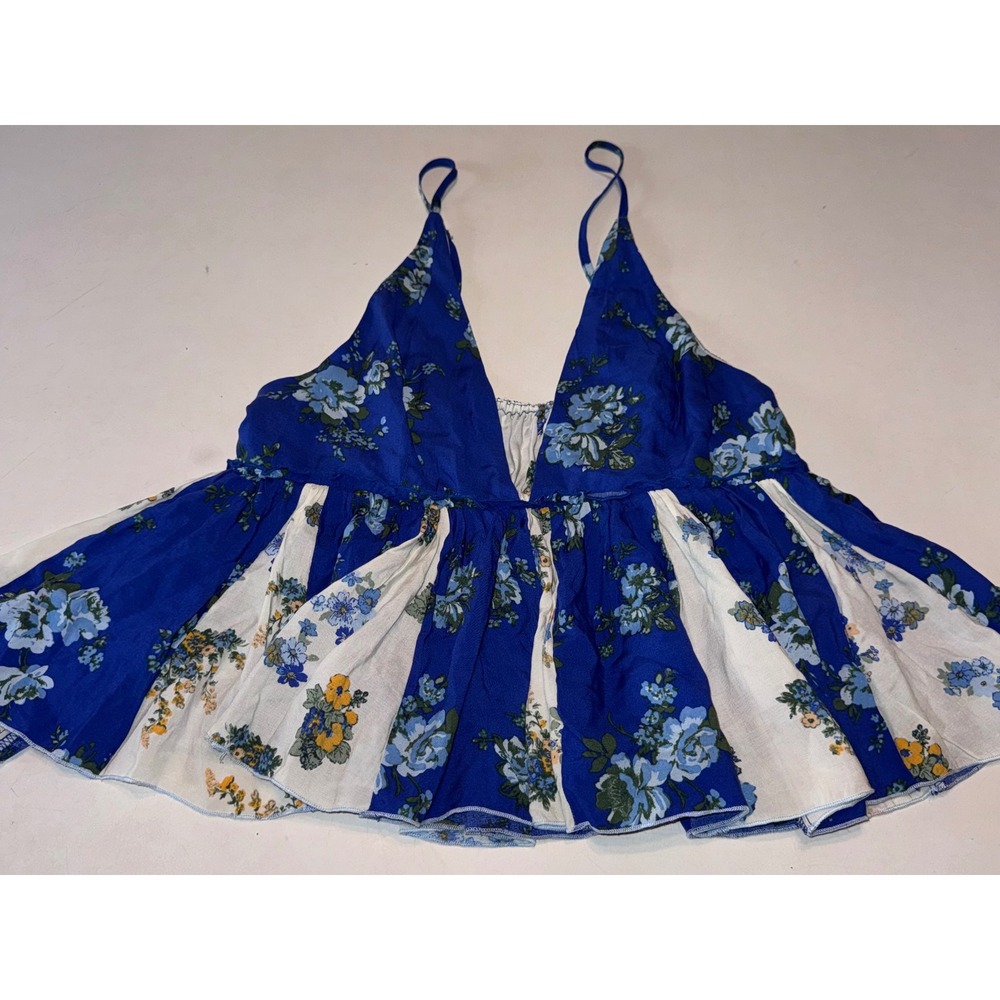 Free People Floral Babydoll Cami Blue White Colorblock Boho Festival Fairycore S